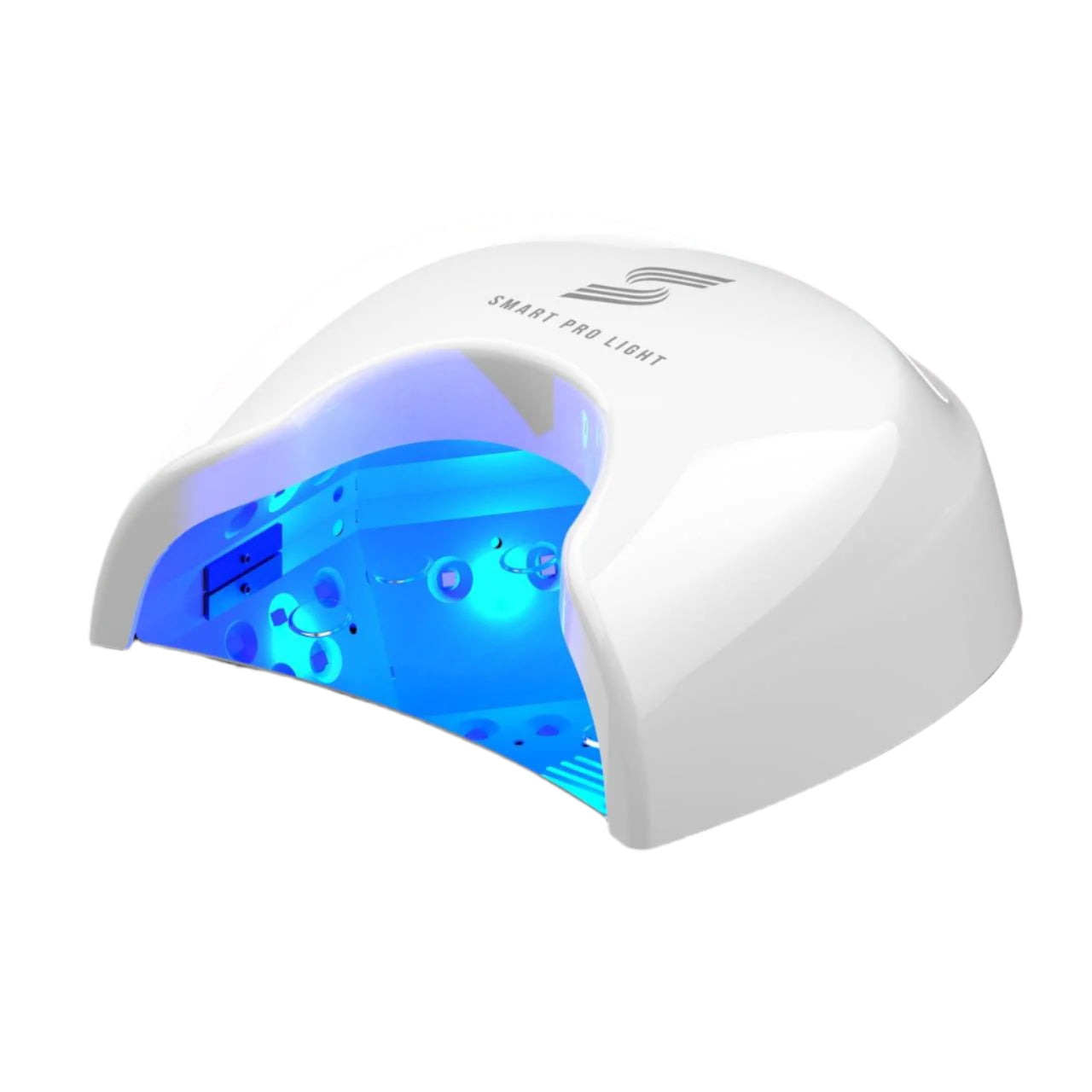 White nail dryer with blue light on a white background
