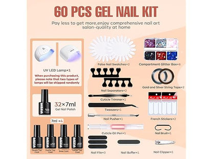 MEFA 60 Pcs Gel Nail Polish Kit with UV Light, 32 Colors All Seasons Nude Gel Nail Polish Set with Base and Matte/Glossy Glitter Top Coat