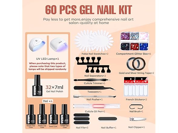 MEFA 60 Pcs Gel Nail Polish Kit with UV Light, 32 Colors All Seasons Nude Gel Nail Polish Set with Base and Matte/Glossy Glitter Top Coat