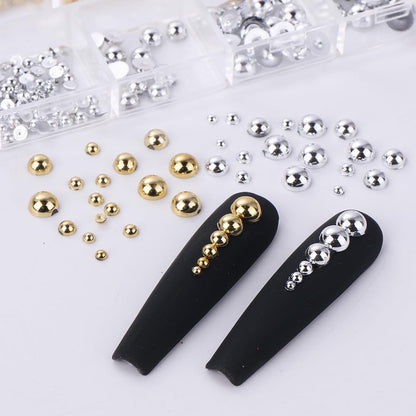 3D Pearl Beads Nail Charms (12 Grid Set) – Gold & Silver