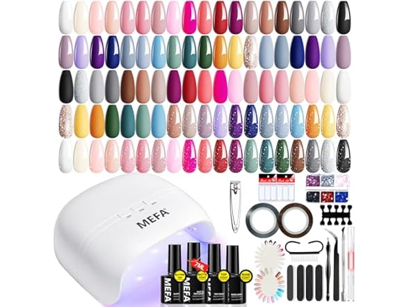MEFA 60 Pcs Gel Nail Polish Kit with UV Light, 32 Colors All Seasons Nude Gel Nail Polish Set with Base and Matte/Glossy Glitter Top Coat